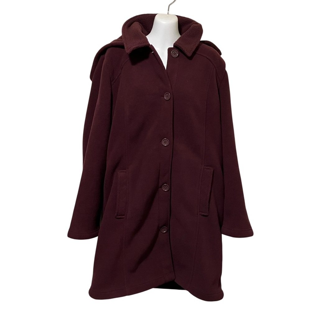 Denim & Co Maroon Fleece Hooded Button Up Coat